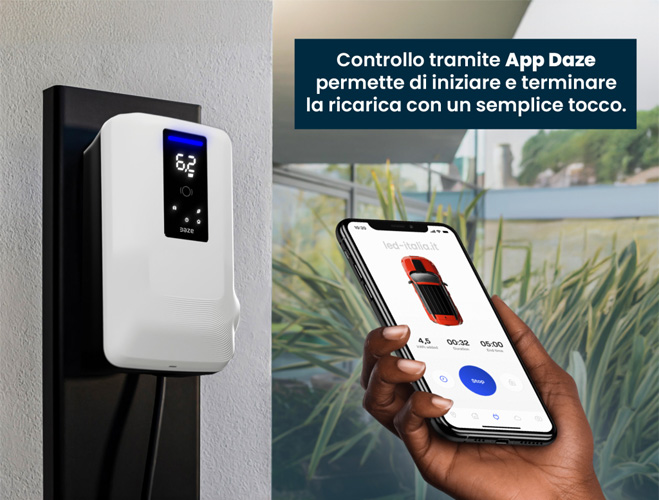 Stazione di Ricarica Dazebox Home S 7.4kW Monofase 32A, IP55 IK10, WiFi e Bluetooth, Wall Box Bianco con Schermo e Connettore Tipo 2, 3 Tessere RFID Incluse