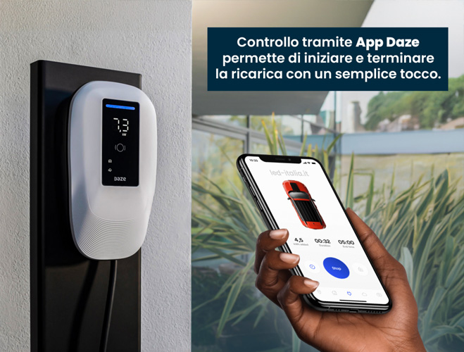 Stazione di Ricarica Dazebox Home T 7.4kW Monofase 32A, IP55 IK10, WiFi e Bluetooth, Wall Box Bianco con Schermo, 3 Tessere RFID Incluse, Cavo Tipo 2 Lunghezza 5m