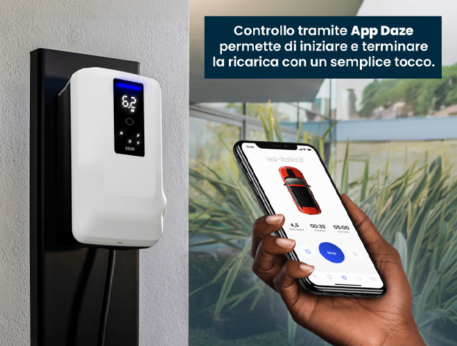 Stazione di Ricarica Dazebox Home S 22.2kW Trifase 32A, IP55 IK10, WiFi e Bluetooth, Wall Box Bianco con Schermo e Connettore Tipo 2, 3 Tessere RFID Incluse